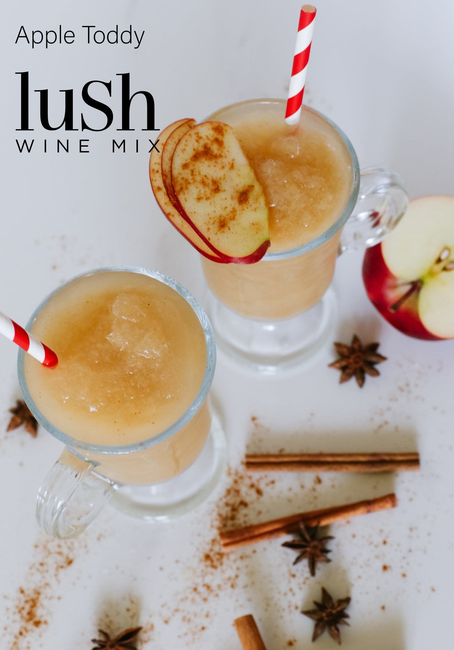 Lush Apple Toddy Slushie, garnished with fresh apple slices and cinnamon, creating a cozy and flavorful frozen drink experience.
