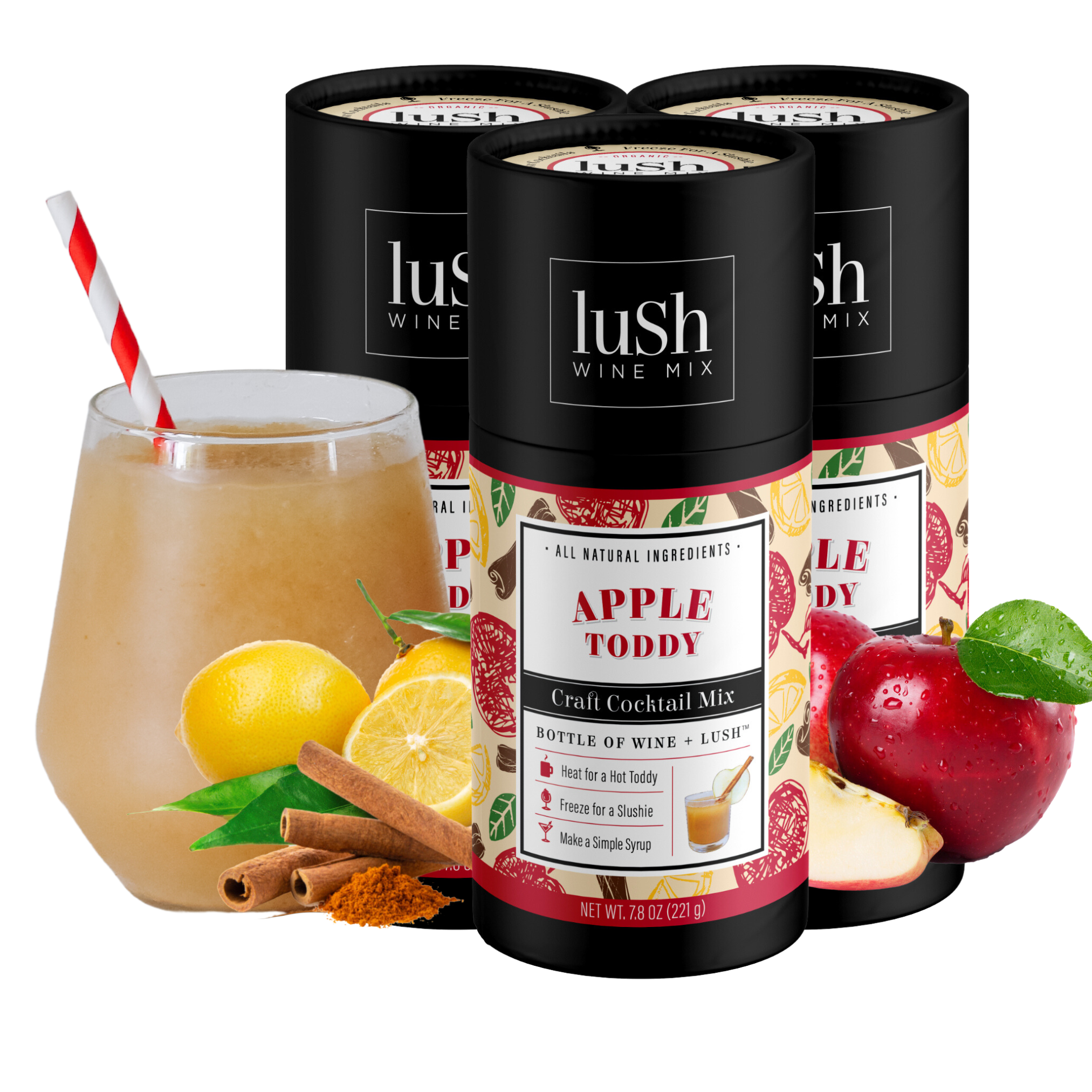 Lush Wine Mix Apple Toddy 3-Pack, featuring three packages ideal for creating warm, spiced apple toddy slushies.