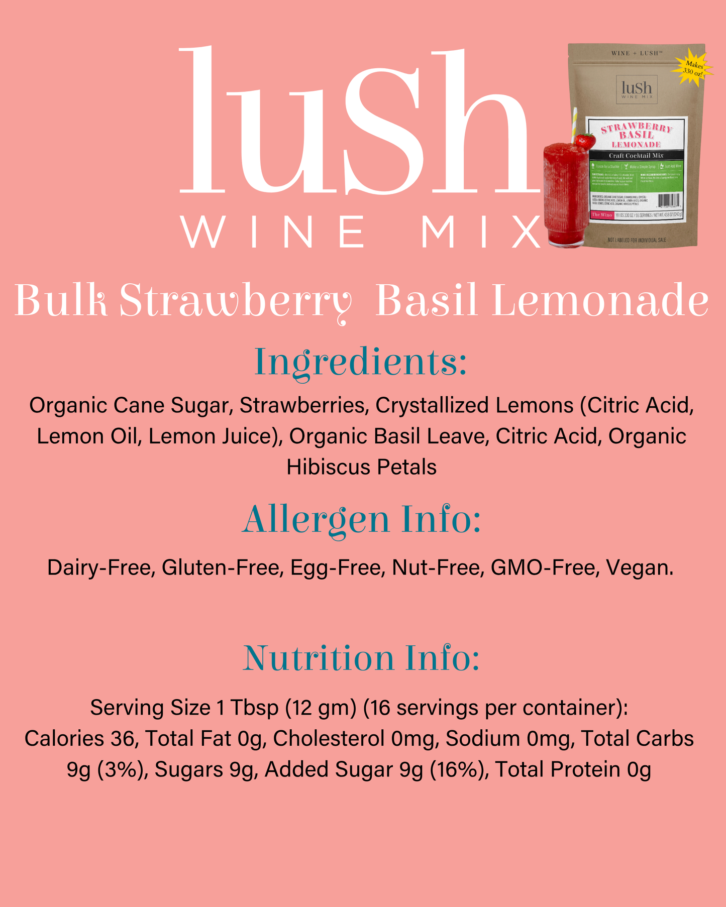 Strawberry Basil Lemonade Bulk Bag (Yields 330 oz, ~40 Cocktails or Mocktails)