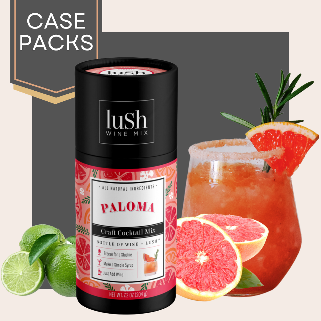 Case pack of Lush Paloma Mix, perfect for creating refreshing frozen Paloma slushies with grapefruit flavors.