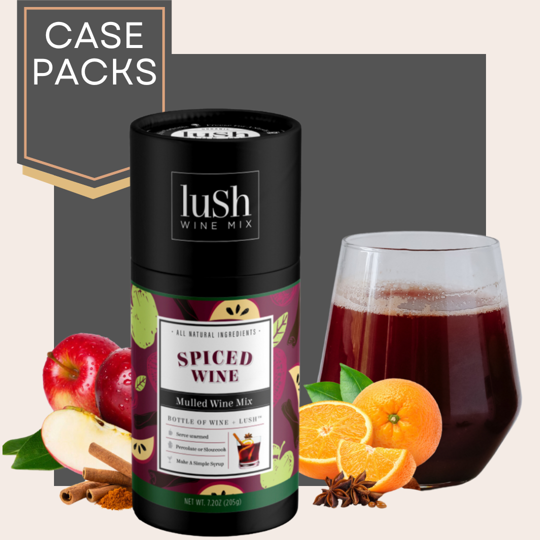 Case pack of Lush Spiced Wine Mix, perfect for making festive frozen slushies with warm spiced flavors.