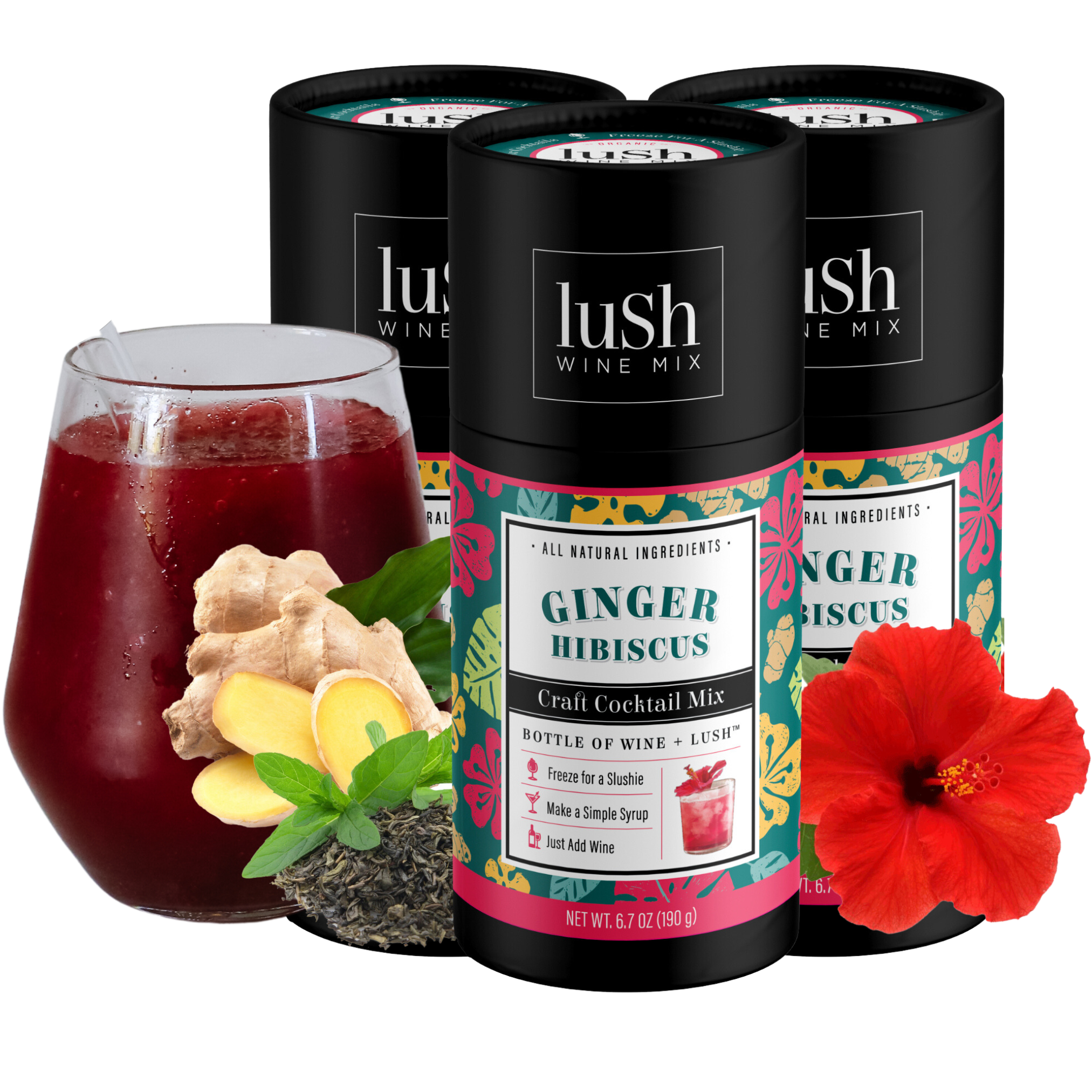 Lush Wine Mix Ginger Hibiscus 3-Pack, showcasing three packages for making vibrant frozen ginger hibiscus slushies.