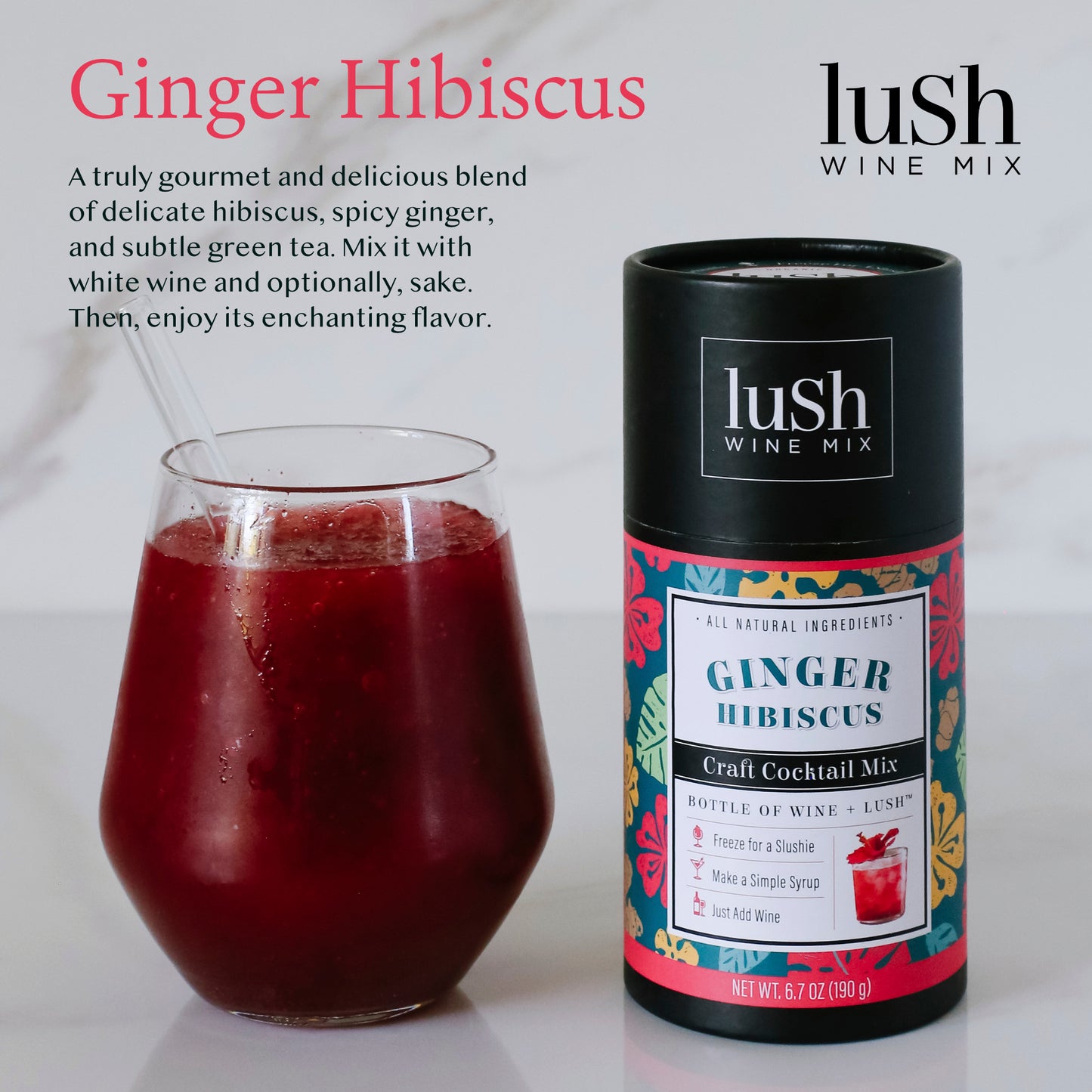 Lush Ginger Hibiscus Slushie, featuring a description of its zesty ginger and floral hibiscus flavors, perfect for a refreshing frozen drink.