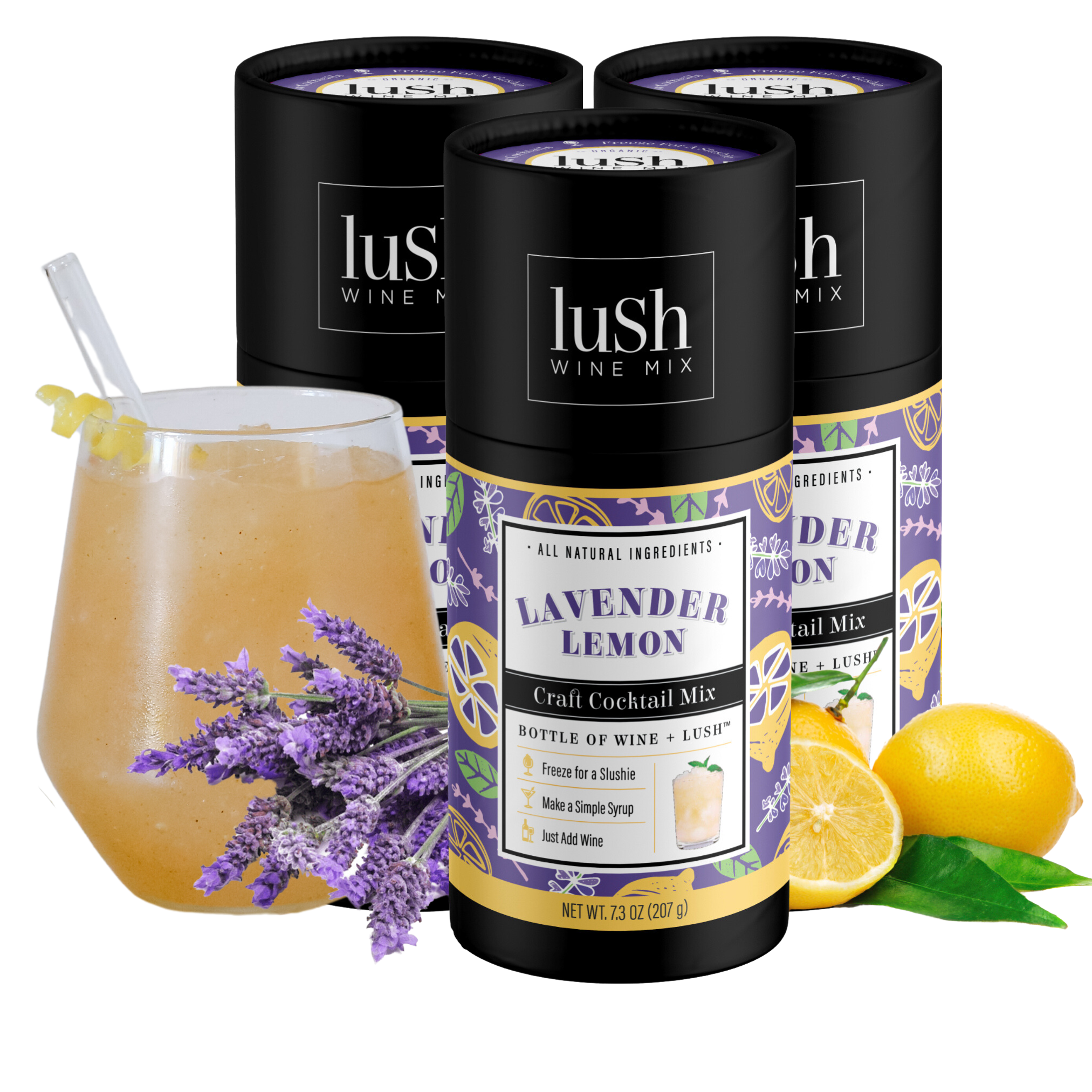 Lush Wine Mix Lavender Lemon 3-Pack, featuring three packages for crafting refreshing frozen lavender lemon slushies.