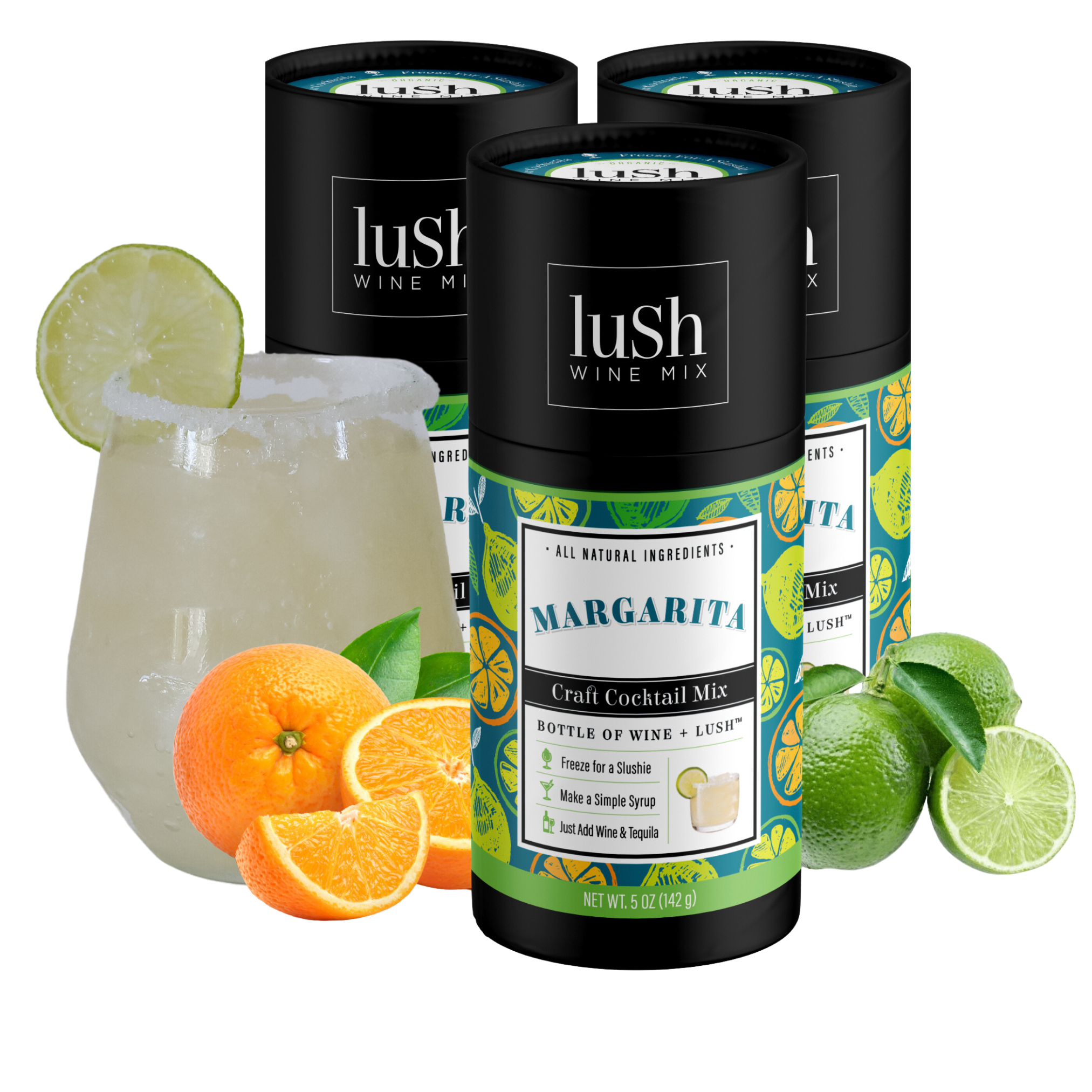 Lush Wine Mix Margarita 3-Pack, showing three packages for making delicious frozen margarita slushies.