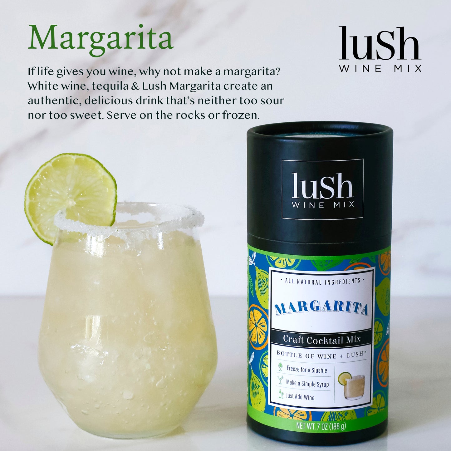 Lush Margarita Slushie, showcasing a frozen, refreshing margarita with a hint of lime.