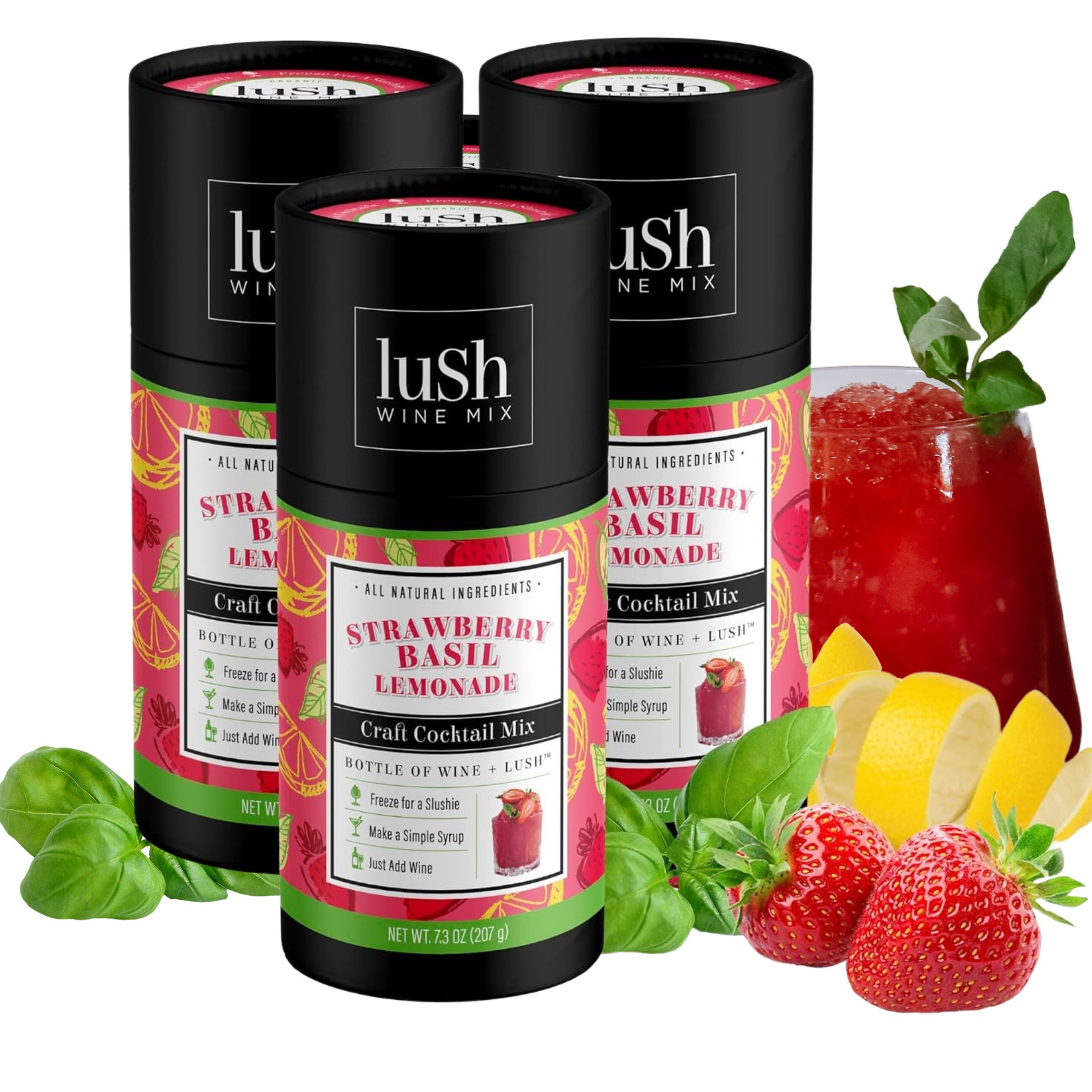 Lush Wine Mix Strawberry Basil Lemonade 3-Pack, displaying three packages perfect for making frozen strawberry basil lemonade slushies.