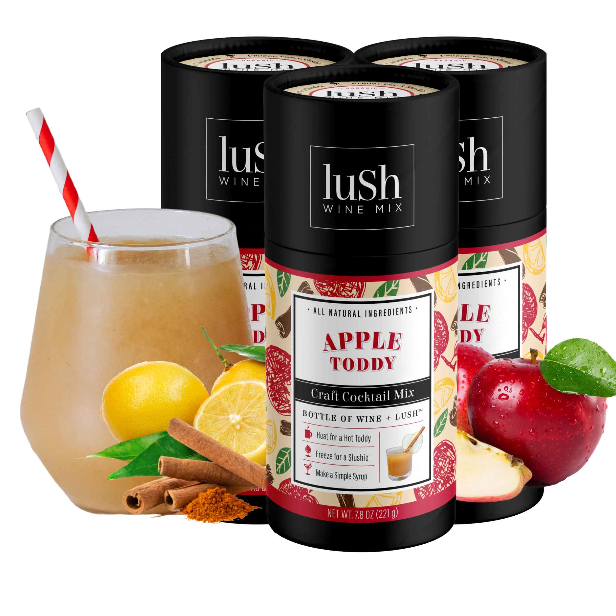 Lush Wine Mix Apple Toddy 3-Pack, featuring three packages ideal for creating warm, spiced apple toddy slushies.






