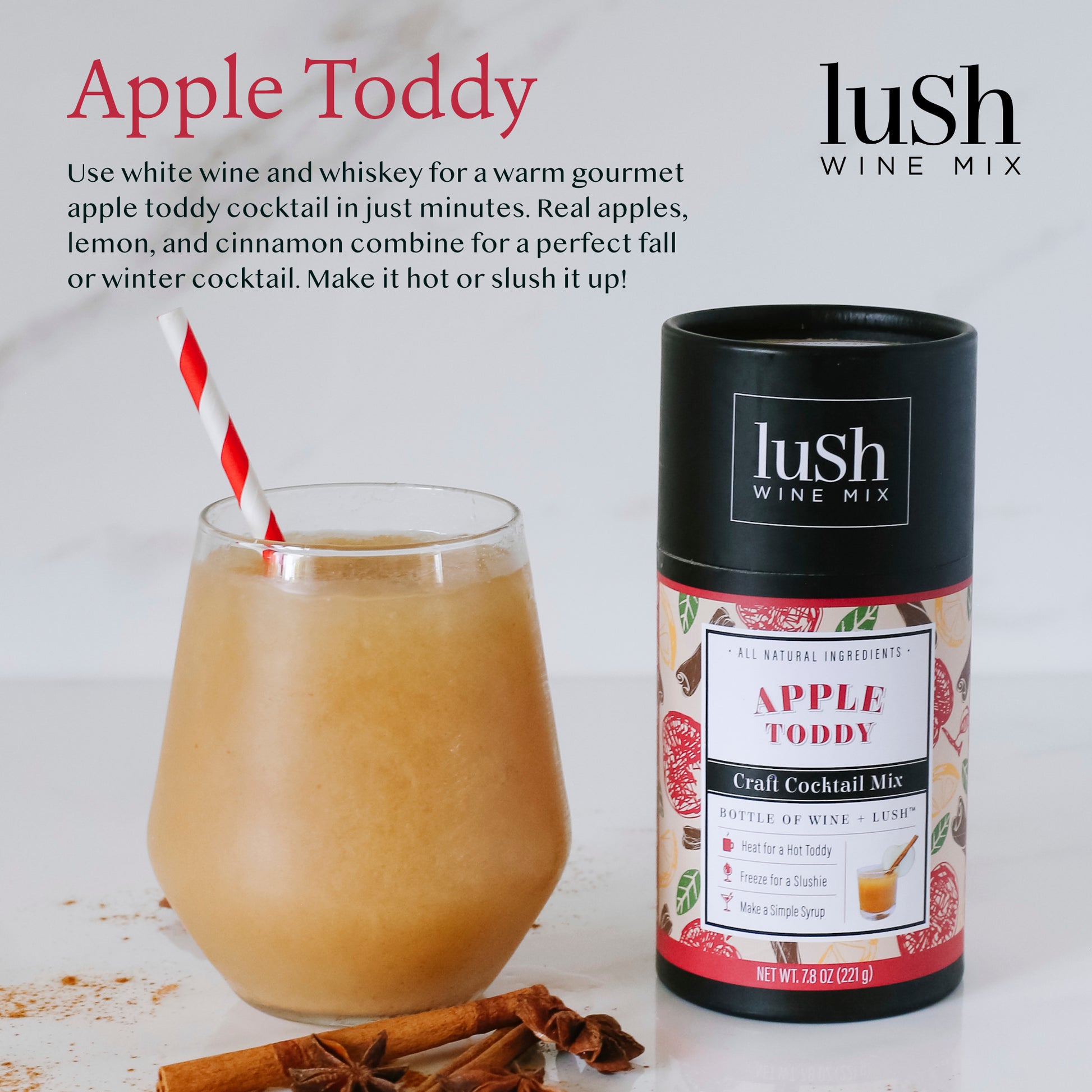 Lush Apple Toddy Recipe Card, featuring instructions for a cozy, spiced apple frozen drink perfect for a warm and comforting treat.






