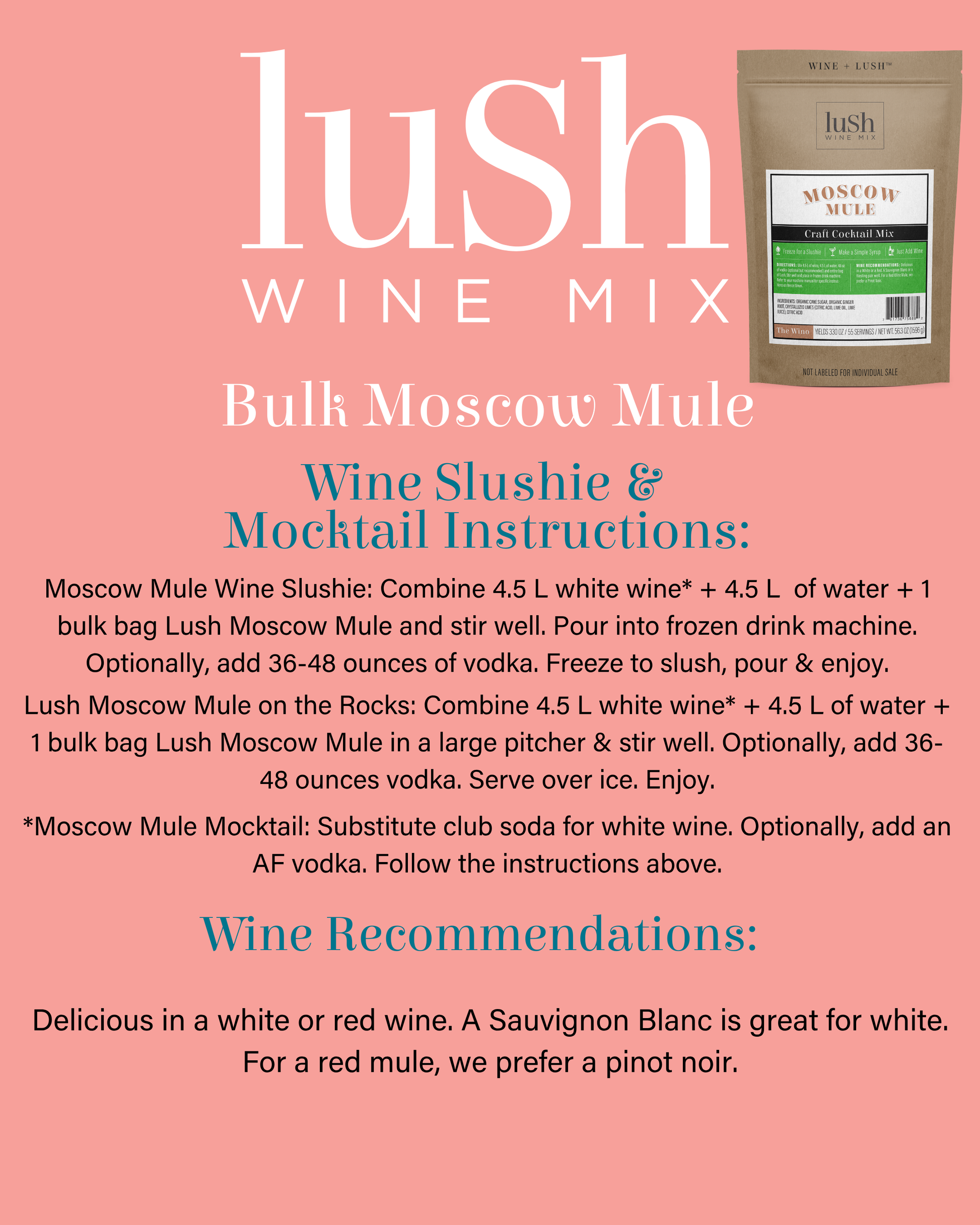 Moscow Mule Bulk Bag - Wineries, Bars, Restaurants Yields 330 oz. Lush Wine Mix: Organic Wine Slushies & Cocktail Mixers Moscow Mule Bulk Bag - Wineries, Bars, Restaurants Yields 330 oz. Lush Wine Mix: Organic Wine Slushies & Cocktail Mixers