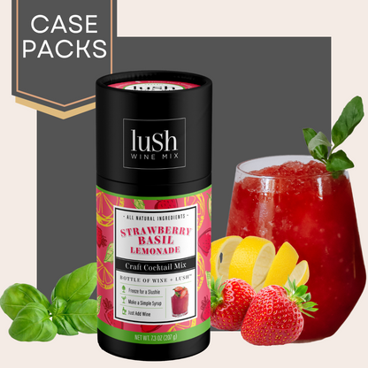 Case pack of Lush Strawberry Basil Lemonade Mix, ideal for creating refreshing frozen slushies with a hint of basil.






