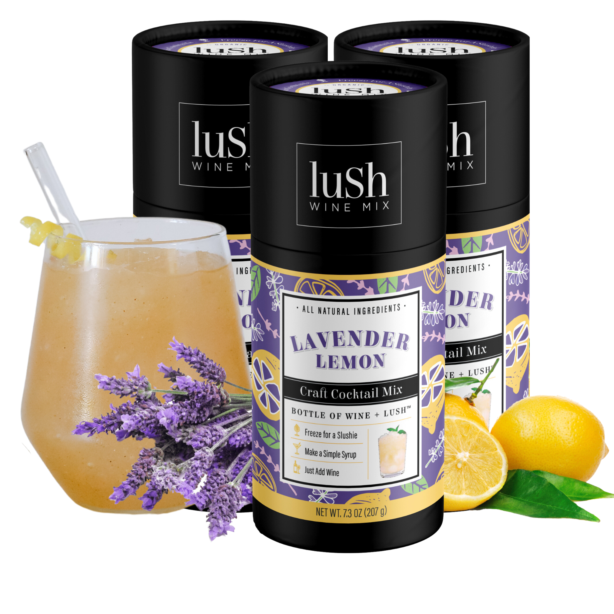 Lush Wine Mix Lavender Lemon 3-Pack, featuring three packages for crafting refreshing frozen lavender lemon slushies.






