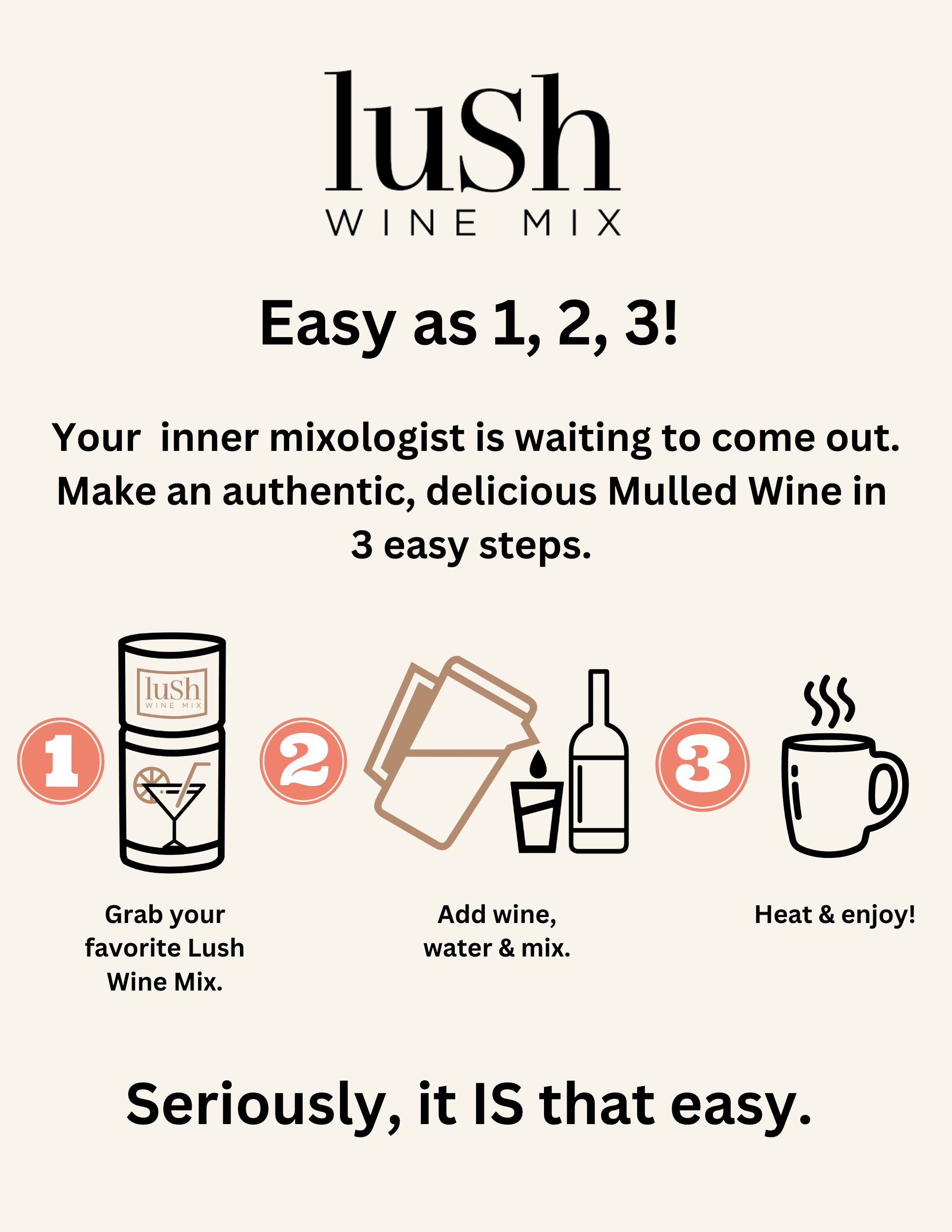 Steps for making Lush Wine Mix: Spiced Wine flavor, showing how easy it is to prepare in just three simple steps.






