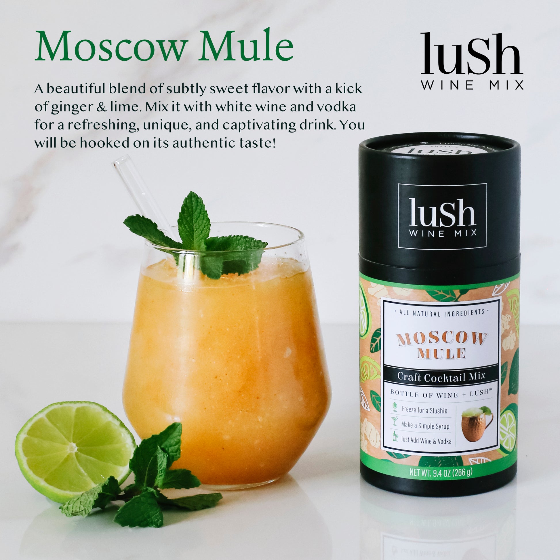 Moscow Mule Recipe Card, showcasing a refreshing frozen drink with a blend of ginger and lime for an authentic and captivating taste.






