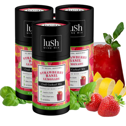 Lush Wine Mix Strawberry Basil Lemonade 3-Pack, displaying three packages perfect for making frozen strawberry basil lemonade slushies.






