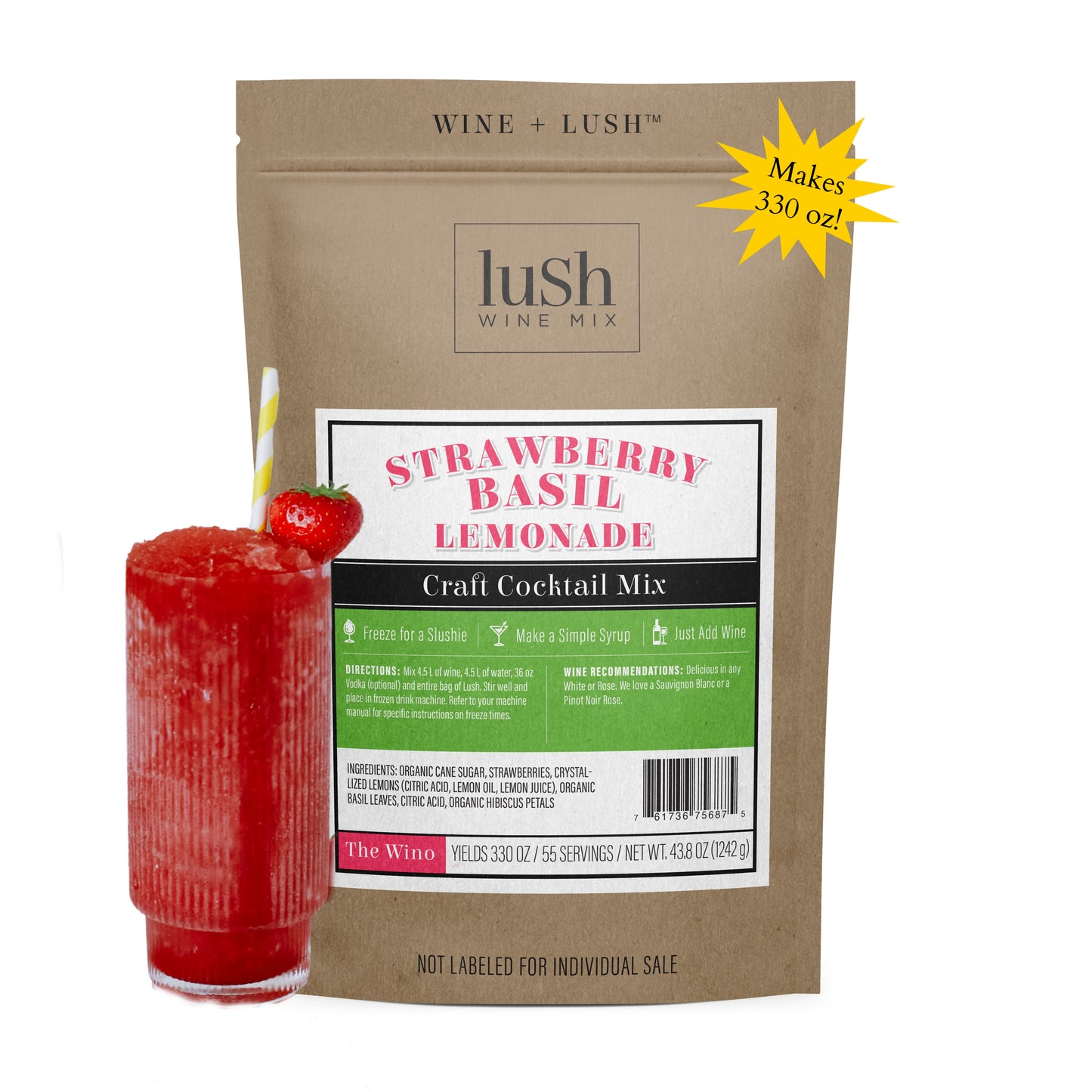 Strawberry Basil Lemonade Bulk Bag (Yields 330 oz, ~40 Cocktails or Mocktails)